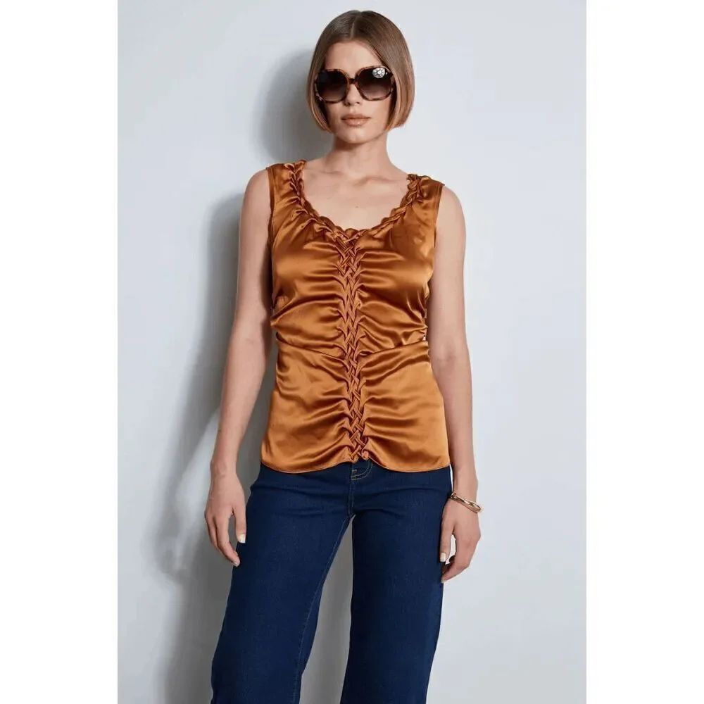 Eli Tahari Silk Satin Braid Ruched Top Gold Women's Medium